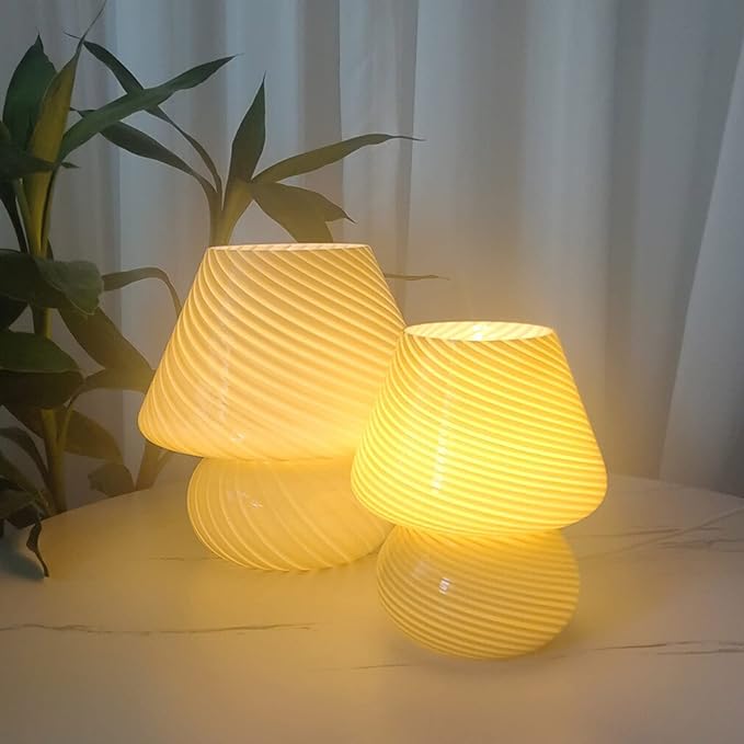 Swirl Mushroom Lamp, Translucent Glass Table Bedside Lamps Italian Style Modern Striped Desk Light for Baby Home Decoration of Dining, Living, Study (Striped Yellow, Mini Dia5.1*H7.1 Inches)