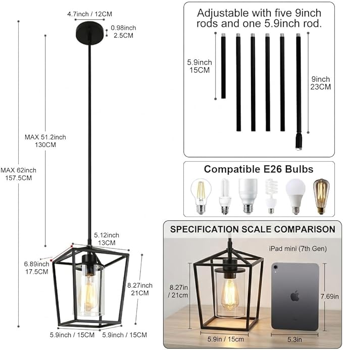 Black Pendant Lights Kitchen Island, 1-Light Farmhouse Kitchen Pendant Lighting Over Island, Metal Cage Island Hanging Lights for Kitchen, Dining Room, Entryway, Hallway, Foyer