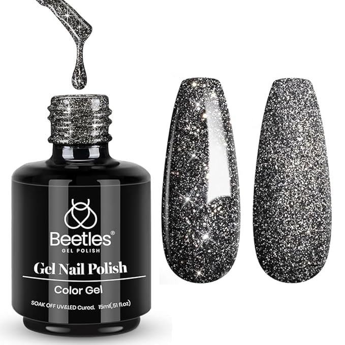 Beetles Black Gel Nail Polish, 1Pcs 15ML Glitter Gel Nail Polish Black Sparkle Reflective Shimmer Color Soak Off UV Lamp Disco Nail Art Manicure Salon DIY at Home Gifts for Her