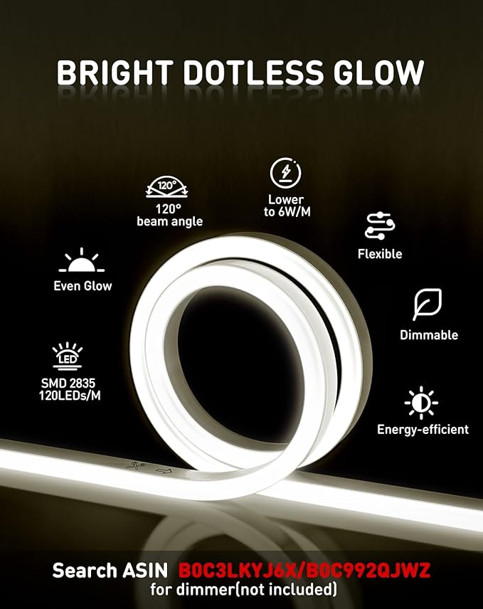Shine Decor LED Neon Rope Lights Connectable, 32.8FT Flexible AC110V 120V Neon LED Strip Lights(Daylight Cool White) Outdoor Waterproof, ETL Plug&Play Neon String Lighting 120LED/M for Home Commercial