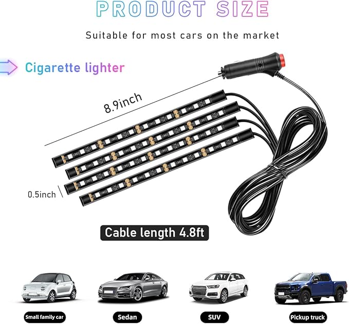 Car LED Strip Light, 48 LED RGB Auto Interior Atmosphere Lights, Cigarette Lighter Under Dash Ambient Night Light, Interior Lamp Lighting Kit (Pink Purple, Cigarette Lighter)