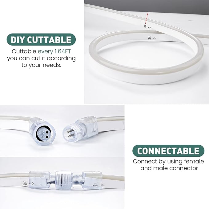 GZBtech Flexible LED Neon Rope Lights 50FT,AC 110-120V Waterproof Strip Light, 120 LEDs/M Cuttable Connectable Neon Lighting for Indoor Outdoor Home Decor/Commercial Use-Cold White 15M, ETL Listed