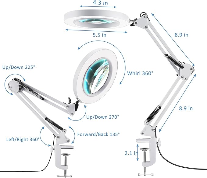 LANCOSC 10X Magnifying Glass with Light and Stand, Optical-Grade Glass Lens, 3 Color Modes Stepless Dimmable, Adjustable Swivel Arm, LED Magnifier Desk Lamp for Close Work Repair Crafts Reading, White
