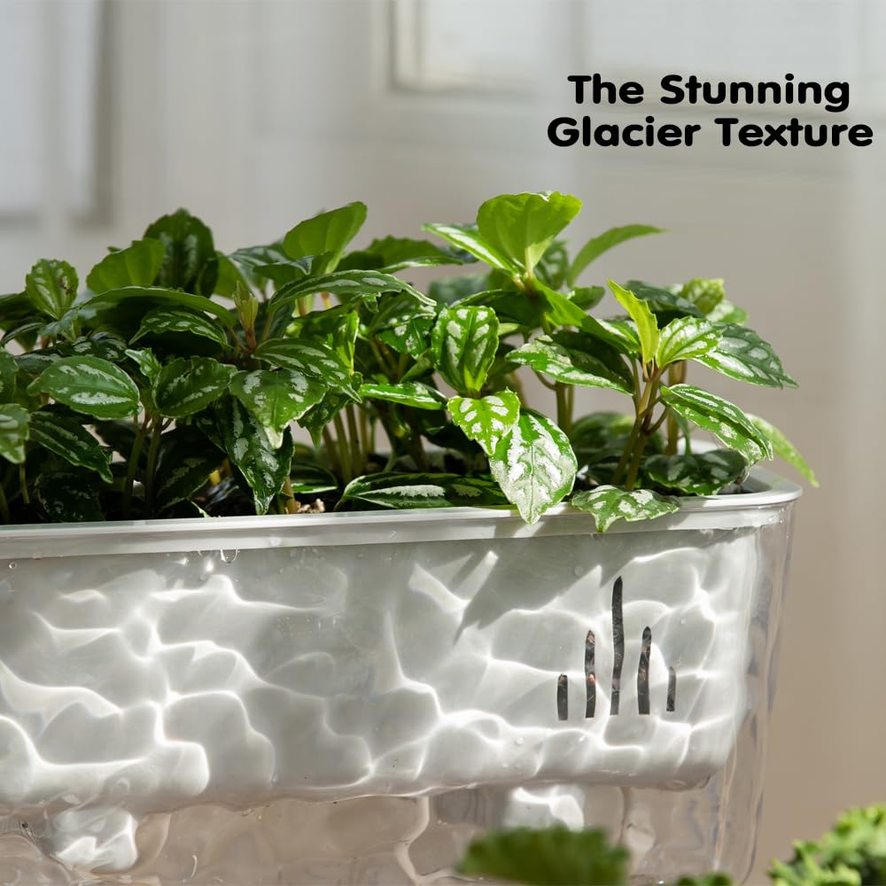 Qimodo 3 Pack Self Watering Rectangular Plant Pots, 11" x 5"x 5" Plant Containers with Drainage Holes, Rectangle Houseplant Window Planters for Succulents, Flowers,Herbs,Vegetables (White)