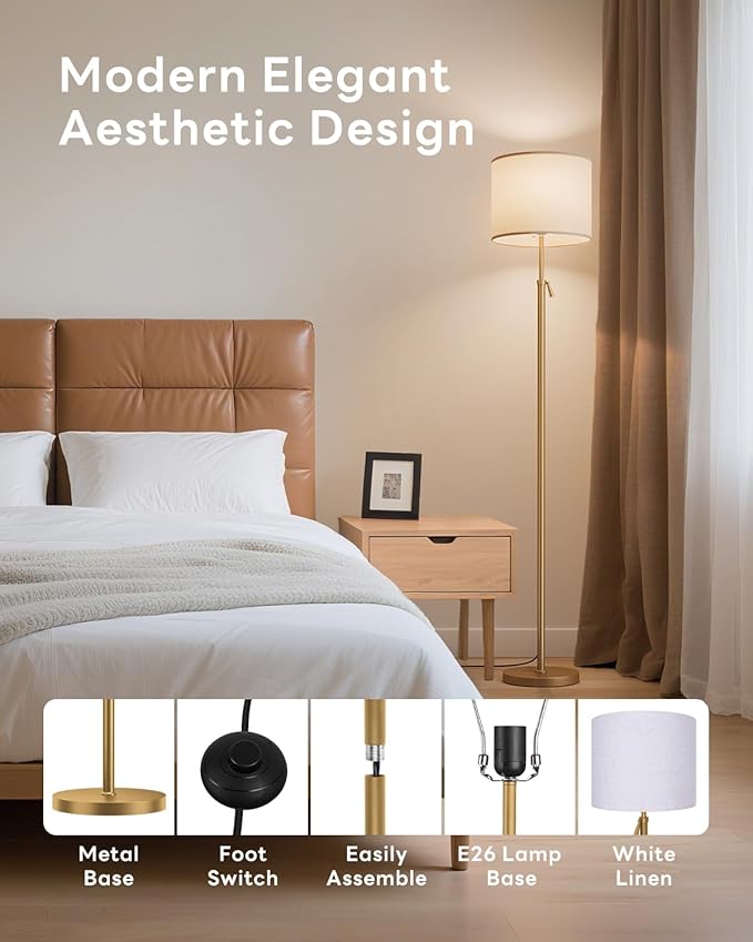 Floor Lamp for Living Room with RGBCW Color Changing Bulbs Dimmable, Adjustable Height Standing Lamp with Remote Control, 10W 1200 Lumen, Tall Lamp for Living Room, Bedroom, Office, Gold