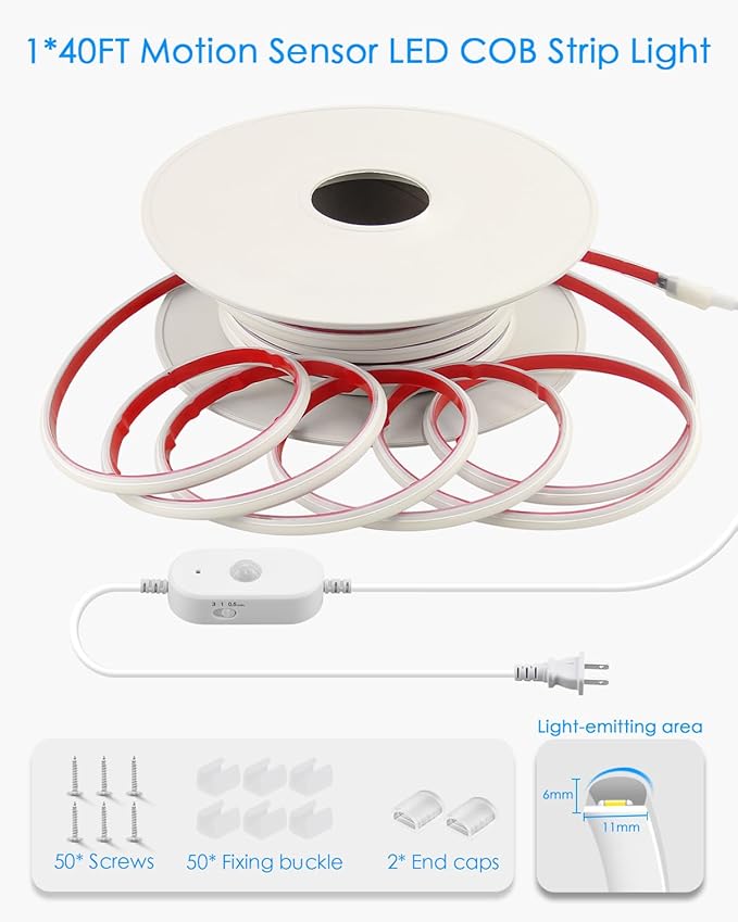 Motion Sensor COB LED Strip Light AC 110V 40FT Cold White 6000K Plug In Waterproof IP68 Adjustable Time-Delay Motion Activated Flexible Led Lights Strip for Under Cabinet Bedroom Courtyard 288LEDs/M