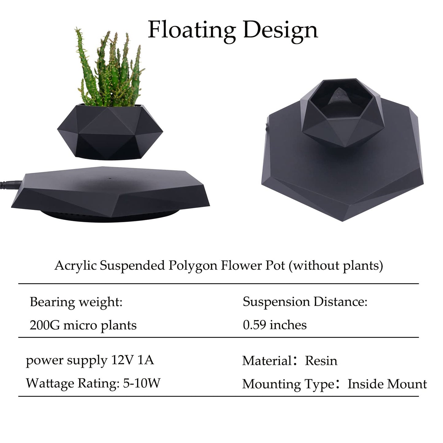 KONGKUNI Levitating Plant Pot Magnetic Levitation Suspension Floating Pot，Floating Plant Pot for Small Plants，360 Degree Rotation Planter，Potted Plant for Home, Office & Desk Levitating,Black