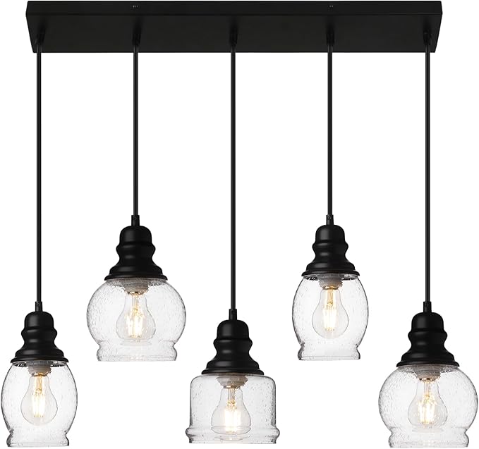 WILON Pendant Lights Kitchen Island, 5-Light Dining Room Light Fixture with Seeded Glass Shade, Farmhouse Chandeliers for Dining Room Matte Black Finish Hanging Linear Chandeliers for Kitchen Island
