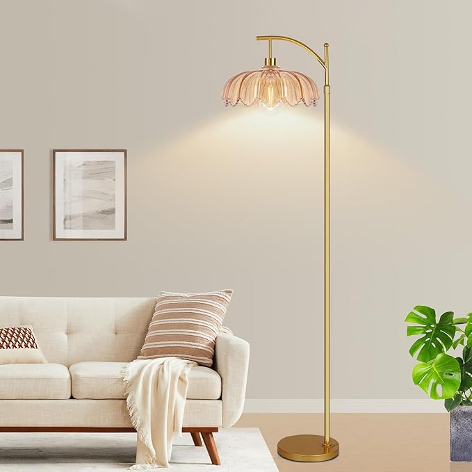 Glass Floor Lamp for Living Room,Bedroom,Gold Dimmable Standing Lamp with Remote,Mid Century Modern Brass Tall Lamp Boho Floor Lamps Arc Stained Flower Floor Light Lamp Bohemian