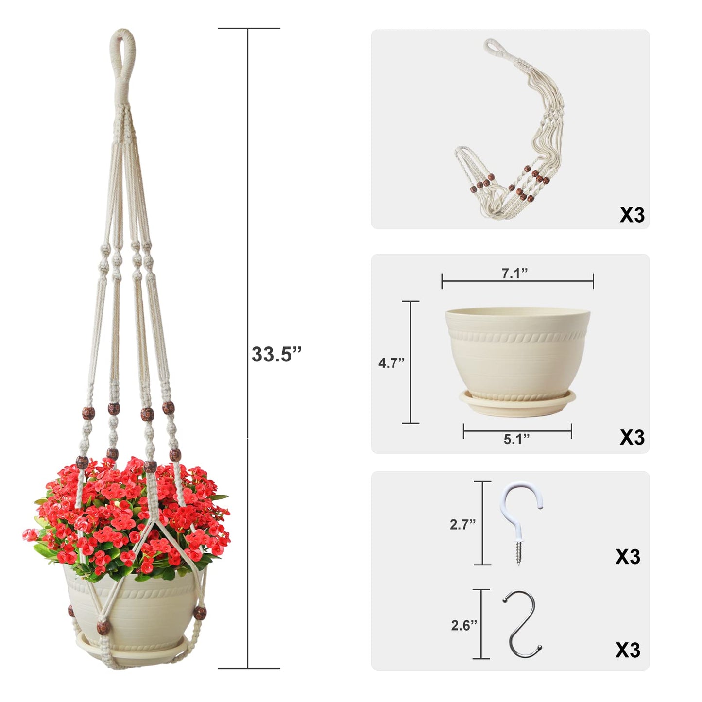 Checrxy Macrame Plant Hanger with Pot, 3 Set Hanging Planters for Indoor Plants, Handmade Cotton Rope Boho Home Decor, Idea Gift for Anyone, Includes Plant Holders, Pots, Plates and Hooks (Ivory)