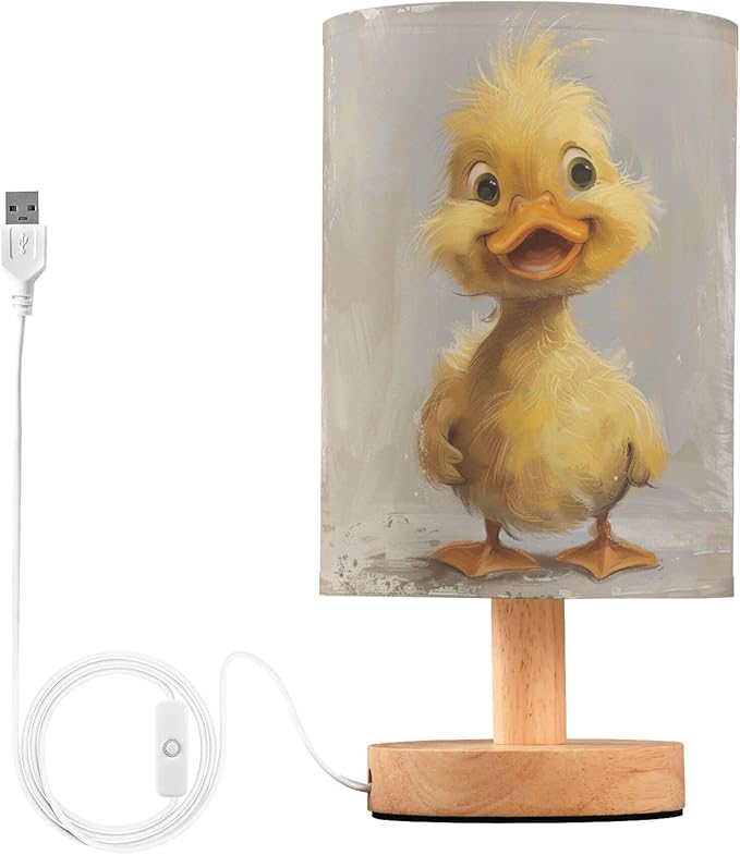 Cute Duckling Farm Animal Duck Table Lamp with Wood Base Fabric Lamp Shade Bedside Nightstand Desk Lamp for Living Room Bedroom Kids Room Office