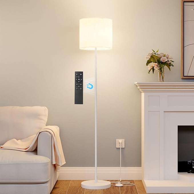 Keepsmile Dimmable Floor Lamps for LivingRoom with 12W LED Bulb, Foot Switch, Remote Custom Color Temperature Floor Light, Linen Shade Standing Lamps, Modern Tall Lamp for Office Bedroom-White