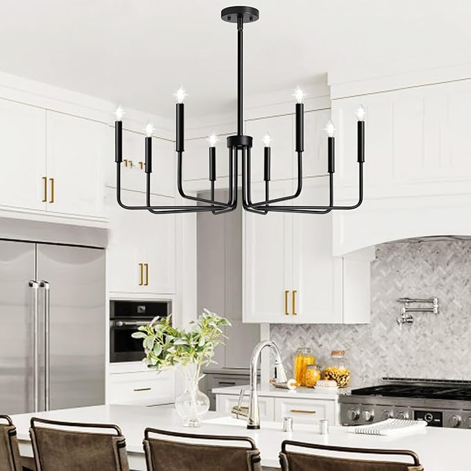 Lynnoland Black 8-Light Chandelier, Farmhouse Chandelier for Dining Room Lighting Fixtures Hanging, Vintage Candle Pendant Light Fixtures Chandelier for Bedroom, Foyer and Living Room