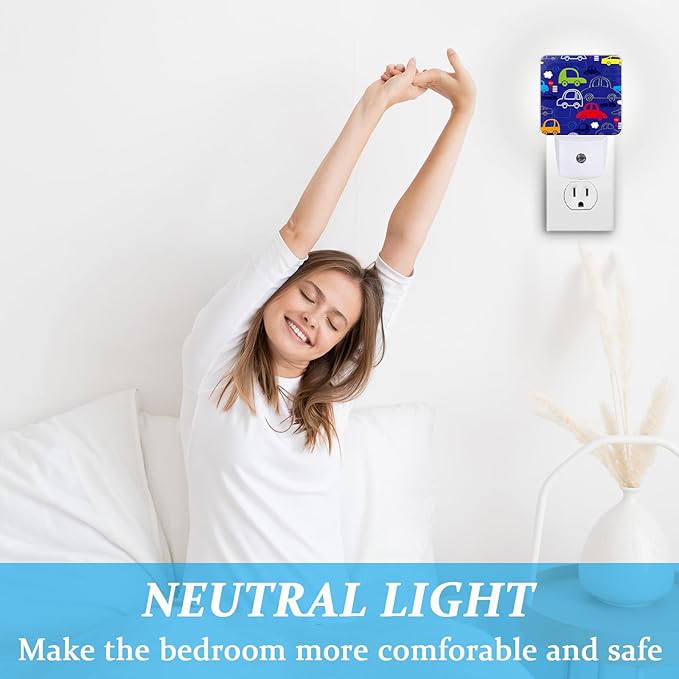 Cartoon Transport Night Light, Plug-into Wall Blue Cars Trucks Nightlight Lamp with Dusk to Dawn Sensor, Led Lamp 0.5W Energy Efficient for Boys Girls Adults Home Decor