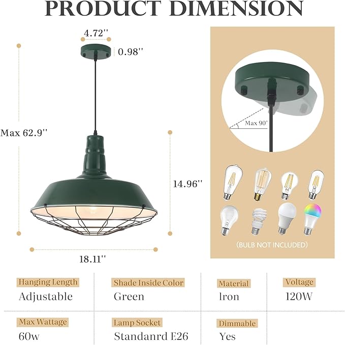 Green Industrial Pendant Lights Kitchen Island, 18.1 Inch Large Pendant Light, Farmhouse Pendant Light with Wire Cage, Barn Pendant 2 Pack, Island Pendant Lights for Kitchen Dining Room