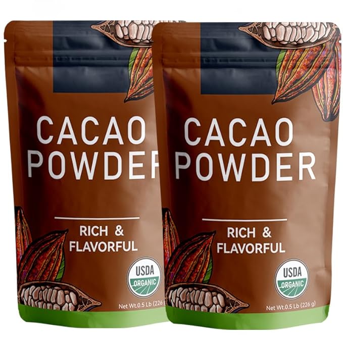 226g/2pack, Organic Cacao Powder - Unsweetened Dark Cocoa for Baking & Healthy Desserts, Rich Chocolate Flavor, Non-GMO, Vegan Certified, Gluten-Free, Keto Friendly