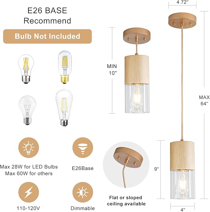 Gold Pendant Light Fixtures, Adjustable Modern Pendant Lights for Kitchen Island, Industrial Clear Glass Pendant Lights for Dining Table Hallway Bedroom Living Room,1 Pack