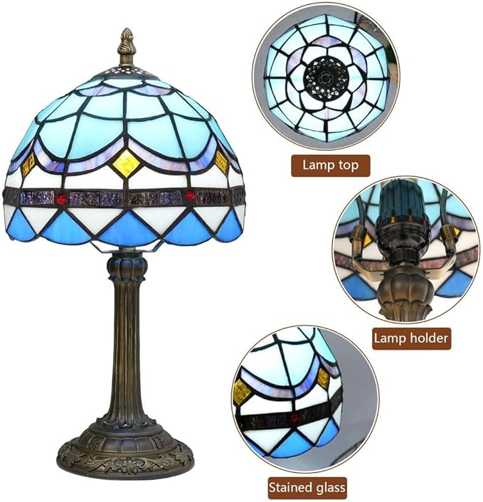 Tiffany Lamp 8 Inch Small Stained Glass Table Lamp Blue Mediterranean Handmade Warm Reading Bedside Lamp Dining Room Bedroom Living Room Office Study Tiffany Style Retro Home Decoration Crafts（feath）