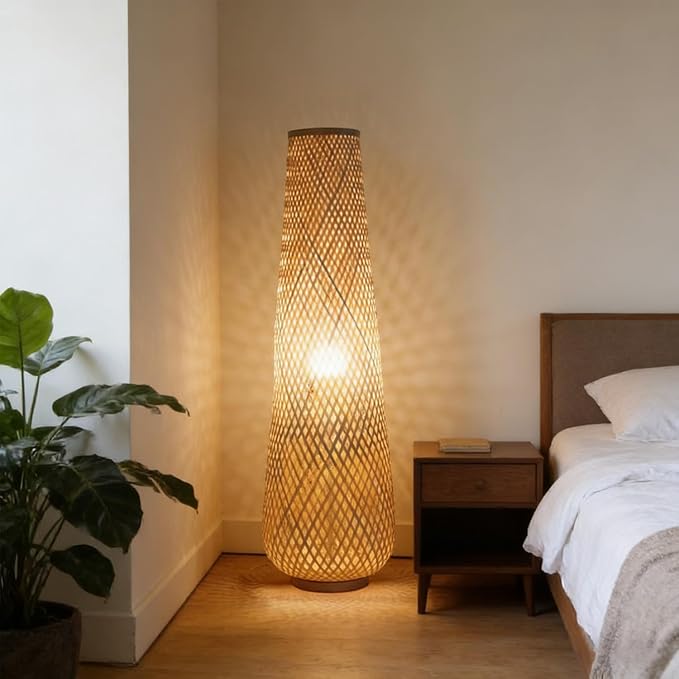 MIXL-Farmhouse Style Bamboo Floor Lamp,Large Wicker Indoor Floor Light,Boho Standing Light Plug in,Modern Minimalist Standing Lamp for Living Room Bedroom