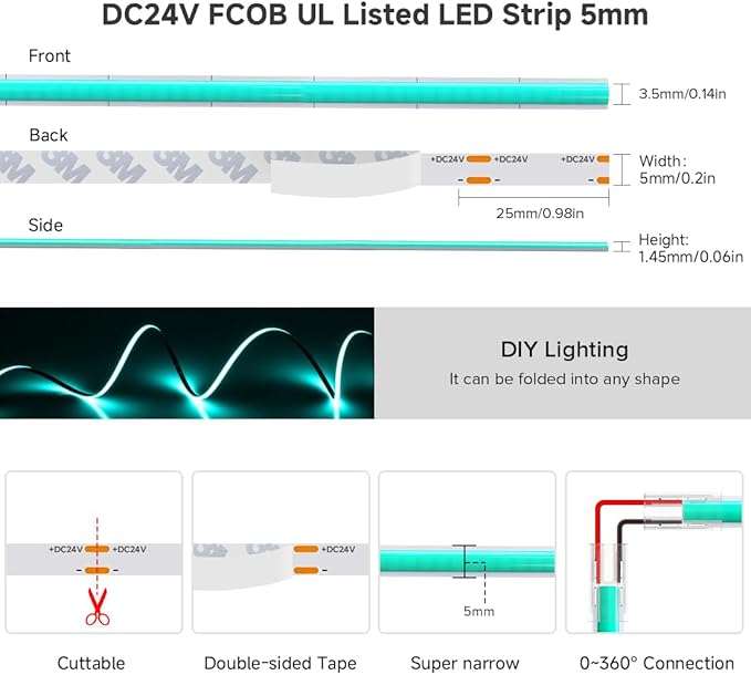 BTF-LIGHTING FCOB COB LED Strip Ice Blue 5mm Width UL Listed Super Narrow Flexible Uniform Light DC24V 16.4FT CRI 90+ Dimmable LED Ribbon for Bedroom Home Indoor Decor(No Adapter or Controller)