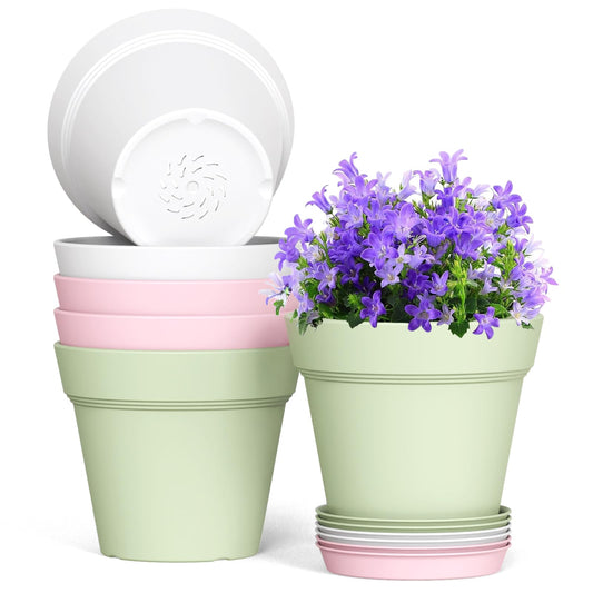 WSMKSZ 7 Inch Thick Plastic Plant Pots with Drainage Holes and Trays – 6 Pack Nursery Pots for Indoor & Outdoor House Plants, Seedling Starter Planters for Garden Flowers, Colorful