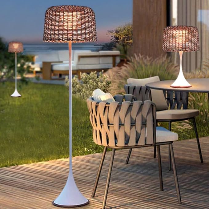Serenity Metal & Rattan Floor Lamp | 3000K LED Standing Lamp for Indoor & Outdoor Use | Modern Living Room, Bedroom & Balcony Lighting | Weather Resistant & Easy Assembly - Solar