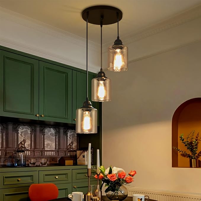3 Lights Industrial Pendant Light with Glass Shade Matte Black Pendant Lighting Adjustable Industrial Retro Style Hanging Light,Kitchen Island Farmhouse Pendant Lights Fixtures for Kitchen,Farmhouse