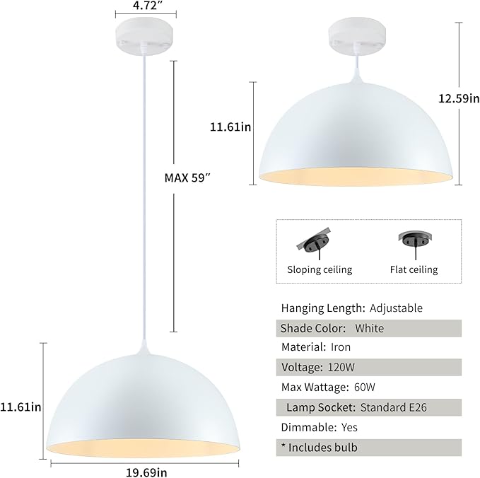 White Large Pendant Light 2 Packs,19.7inches, Kitchen Pendant Lights, Oversized Island Pendant Lights, Farmhouse Pendant Light, Pendant Light for Bedroom, Kitchen Island