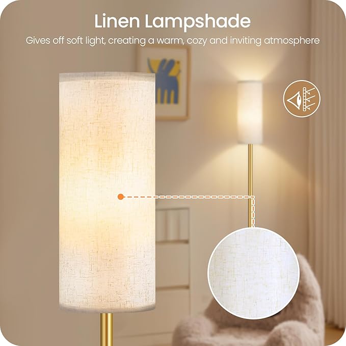 Set of 2 Dimmable Floor Lamps for Living Room with 2 Remotes and Foot Switch, Modern Standing Tall Lamp, Corner Lamp for Bedroom, Bulb Included, 3000K-6500K, Beige and Gold DE06LDP205W1