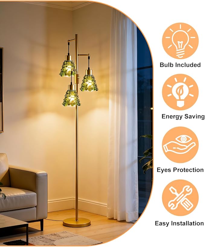 Lightdot 65" Glass Floor Lamps for Living Room, 3-Light Dimmable Floor Lamp with Green Glass Shade& E12 Bulbs Included, Mid Century Standing Tall Lamp for Bedroom/Sofa Beside/Corner Decor-Gold