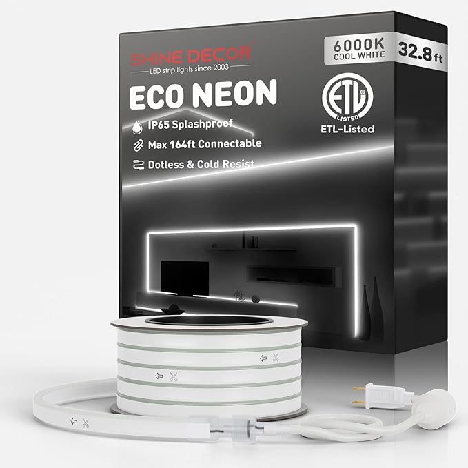 Shine Decor LED Rope Lights AC 120V, Connectable & Cuttable Dotless 120LEDs/M Eco Neon Strip Lighting, ETL IP65 Waterproof & Weather-Resistant for Home Commercial, 8x16mm, 6000K Cool White, 32.8FT