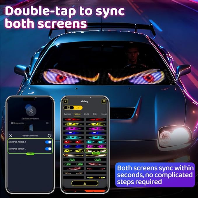 Led Eyes for Car Windshield 2PCS - 23.42x4.72In Programmable Flexible Display Lights, One Click Dual Screen Synchronization, App/Remote Control, USB Powered, Led Windshield Eyes for Cars/Trucks/SUVs