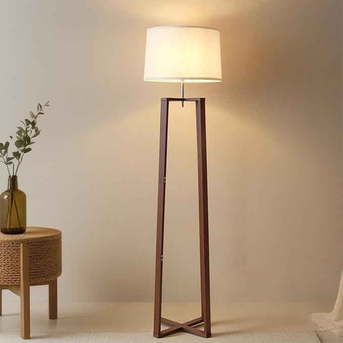 66" Bamboo Corner Floor Lamp with Linen Shade, Boho Rustic Standing Lamp for Living Room Bedroom Office, Modern Natural Tall Floor Lamp with E26 Base