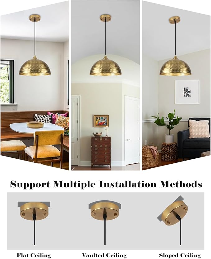 HLOHATAL Hammered Dome Pendant Light 1 Pack, Gold Dome Pendant Light, 12 Inch Metal Industrial Pendant Lights, Kitchen Island Pendant Lights for Kitchen, Dining Room, Bar