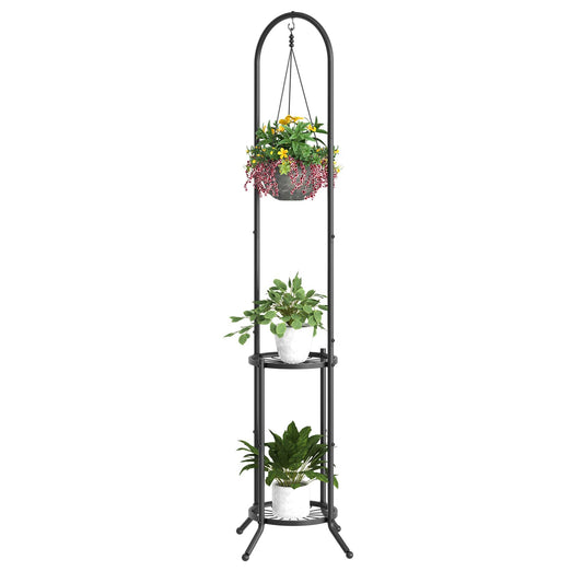 BMOSU Plant Stand with Hooks Indoor Outdoor Corner Tall Plant Stand Heavy-Duty Metal 3-Tier Plant Shelf Holder Rack for Patio Garden Balcony Living Room Bedroom(circular Black)