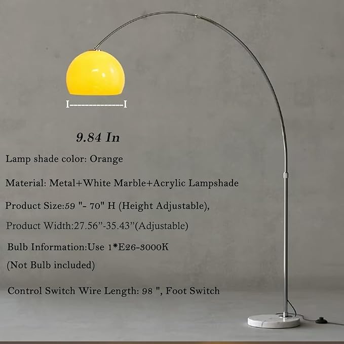 Orange Arc Floor Lamp with Acrylic Shade,Arch Reading Lamp Floor Standing,Mid Century Modern Orange Standing Lamp for Living Room Bedroom