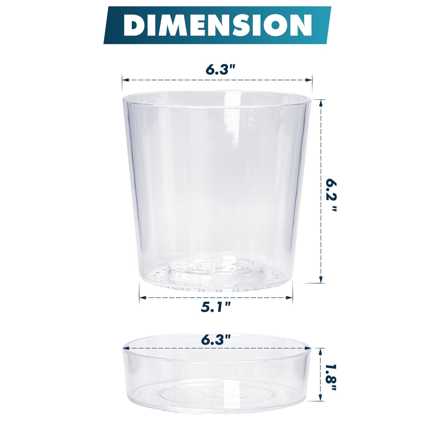 Phoenix Vine 6.5 Inch Clear Acrylic Planter Pot with Tray, Orchid Pot with Drainage Holes, Deep Saucer for Bottom Watering, Transparent Containers for Indoor Plants, Herbs, Set of 3, 91-A-F-3