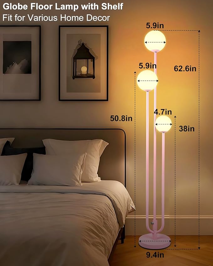 3-Light Pink Floor Lamp Dimmable, Unique Candle Holder Style Tall Standing Lamps with 3000K G9 Bulbs for Reading, Mid Century Modern Floor Lamp for Living Room Bedroom Office