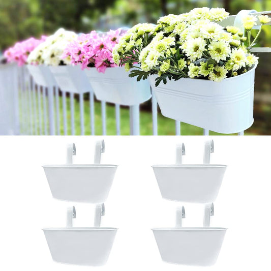 Maxona Metal Iron Hanging Flower Pots, 4 Pack, 9.8 Inch Oval White Railing Fence Hanging Bucket Pots Countryside Style Window Flower Plant Holder with Detachable Hooks Home Décor