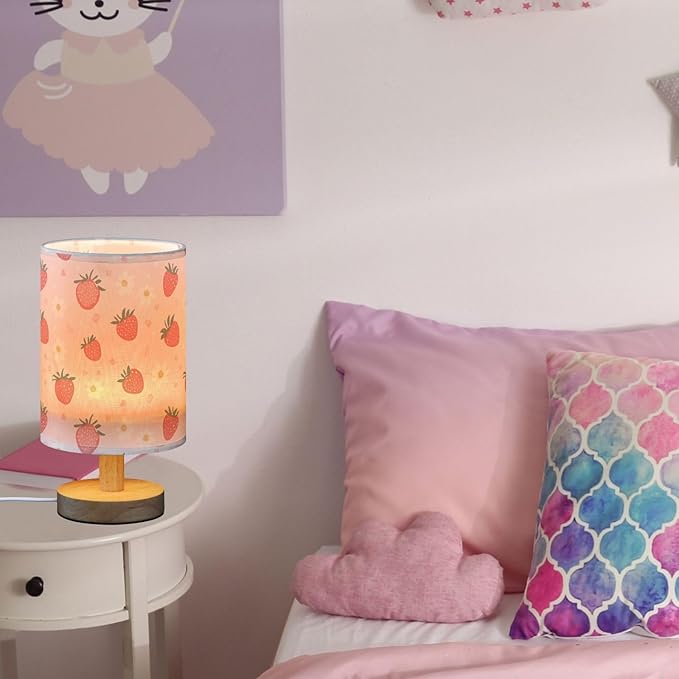 Cute Red Strawberry and White Flower Bedside Table Lamps with USB Port for Bedroom Lamp Table Lamp Small Nightstand Lamp Sturdy Linen Shade Decorative Lamps for Home Room Kids Reading Nursery