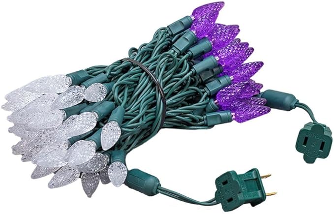 Novelty Lights 24FT 70 LED C6 Commercial Grade LED String Lights, Tree Decorations. Outdoor & Indoor usage, Permanent Christmas Lights. Pure White & Purple
