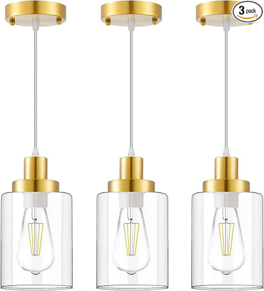 Industrial Pendant Lighting, Modern Clear Glass Shade Pendant Lights, Adjustable Hanging Light Fixtures, Farmhouse Pendant Lighting for Kitchen Island Living Room Bedroom Hallway 3-Pack (Gold)