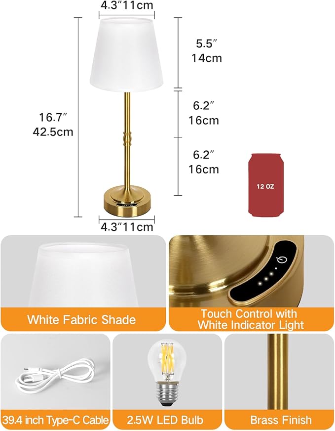 OUTON 2 Pack Cordless Table Lamp Rechargeable, Touch Dimmable LED Lamp with Fabric Shade, 3 Color Temperatures, USB-C Charging, Battery Display, Memory Function for Bedroom Living Room Patio, Gold
