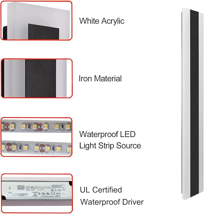 Outdoor Long Strip Modern LED Wall Lighting Fixture Lamps, Elegant Frosted White Acrylic, Black Aluminum Body IP65 Waterproof Anti Rust (Warm, 95inch)