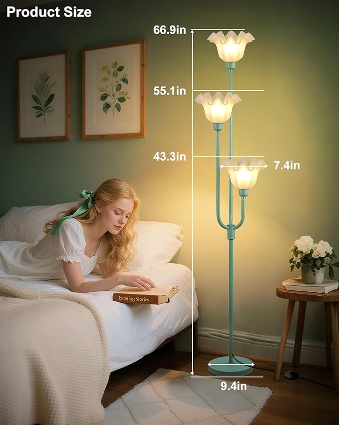 Lightdot Flower Floor Lamp 3-Lights Rustic Floor Lamps with 3000K Warm White Bulbs Included for Wedding Party Modern Tall Standing Lamp for Living Room/Bedroom/Sofa Beside/Corner Decor-Grey Green