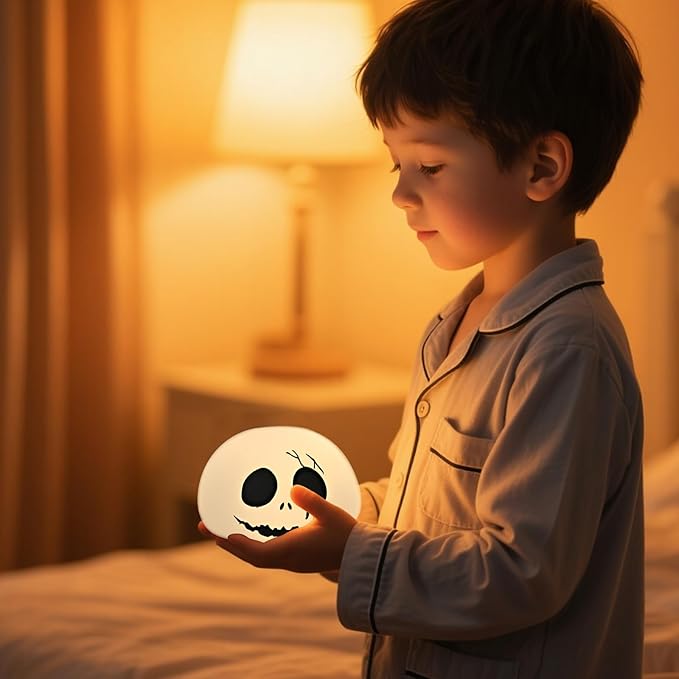 Cute Creative Christmas Skeleton Face Silicone Tap Light - Battery Powered, Multi-Color Changing, Safe and Soft for Indoor Holiday Decoration (White Skellington)