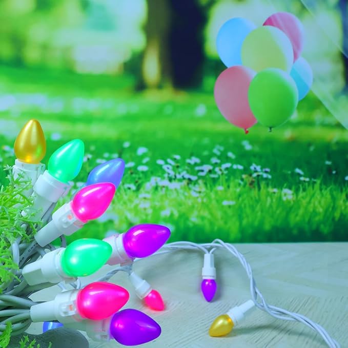Easter String Lights LED Multi Color Glass C3 Lights 50 Count Easter Pastel Light 120V UL Certified Connectable Outdoor String Light White Wire for Party Patio Home