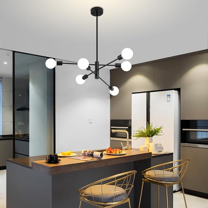 Sputnik Chandelier, Black Modern Industrial Chandeliers 6-Light, Mid Century Ceiling Lighting Fixture for Living Room, Kitchen, Bedroom, Dining Room, Farmhouse