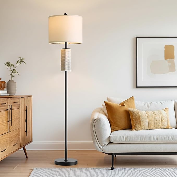 PoKat Farmhouse Floor Lamp for Living Room with Ceramic, 64" Black Standing Lamps for Living Room Corner, Modern Tall Floor Lamps for Bedroom, Sofa, Reading Nock, Rotary Switch, Matte Black