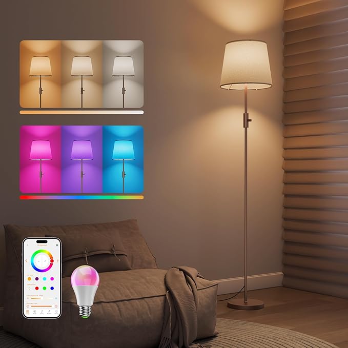 Smart Floor Lamp with RGBCW Color Change Bulb, Compatible with Alexa, Siri, Google Voice & App Control, Standing Lamp with Linen Shade, Tall Lamp for Living Room, Bedroom, Office,Brown